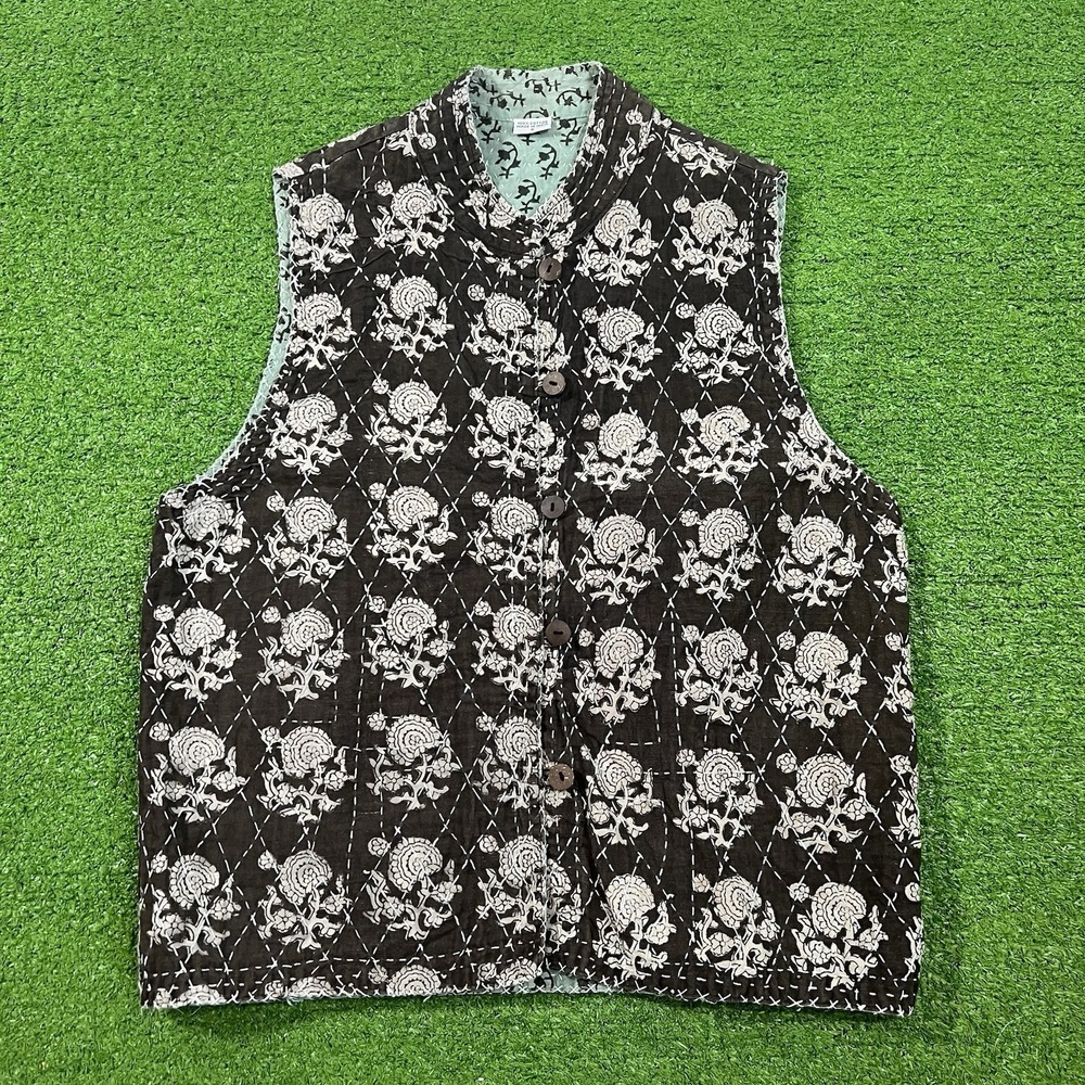 Vintage Vest Womens SM Chocolate Brown Diamond Quilted Floral Boho Western Teal‎